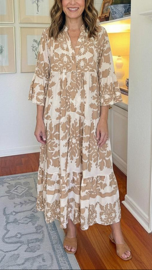 Attractive V-Neck 3/4 Sleeve Maxi Dress