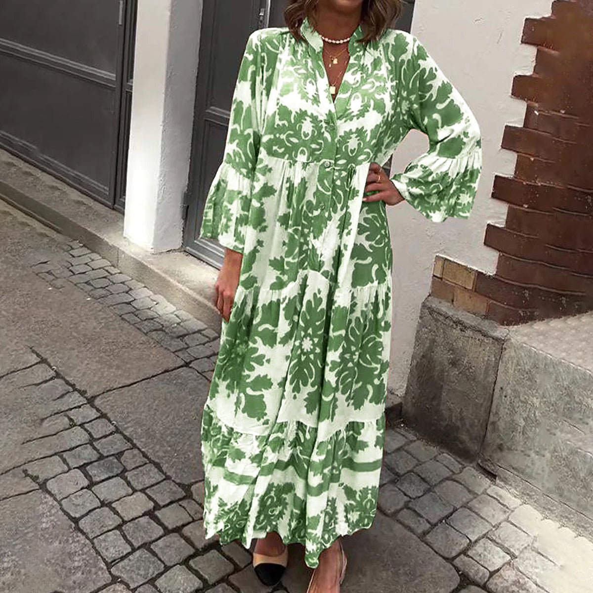 Attractive V-Neck 3/4 Sleeve Maxi Dress