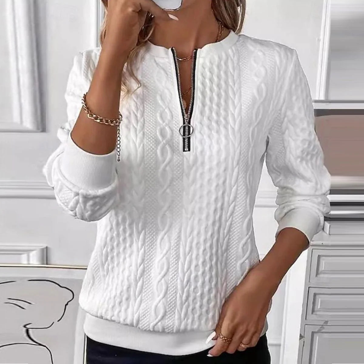 Casual Half-Zip Long Sleeve Plain Top