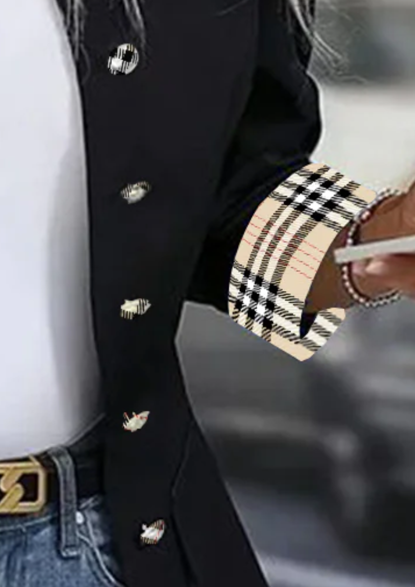 Black Collarless Plaid Print Long Sleeve Outerwear