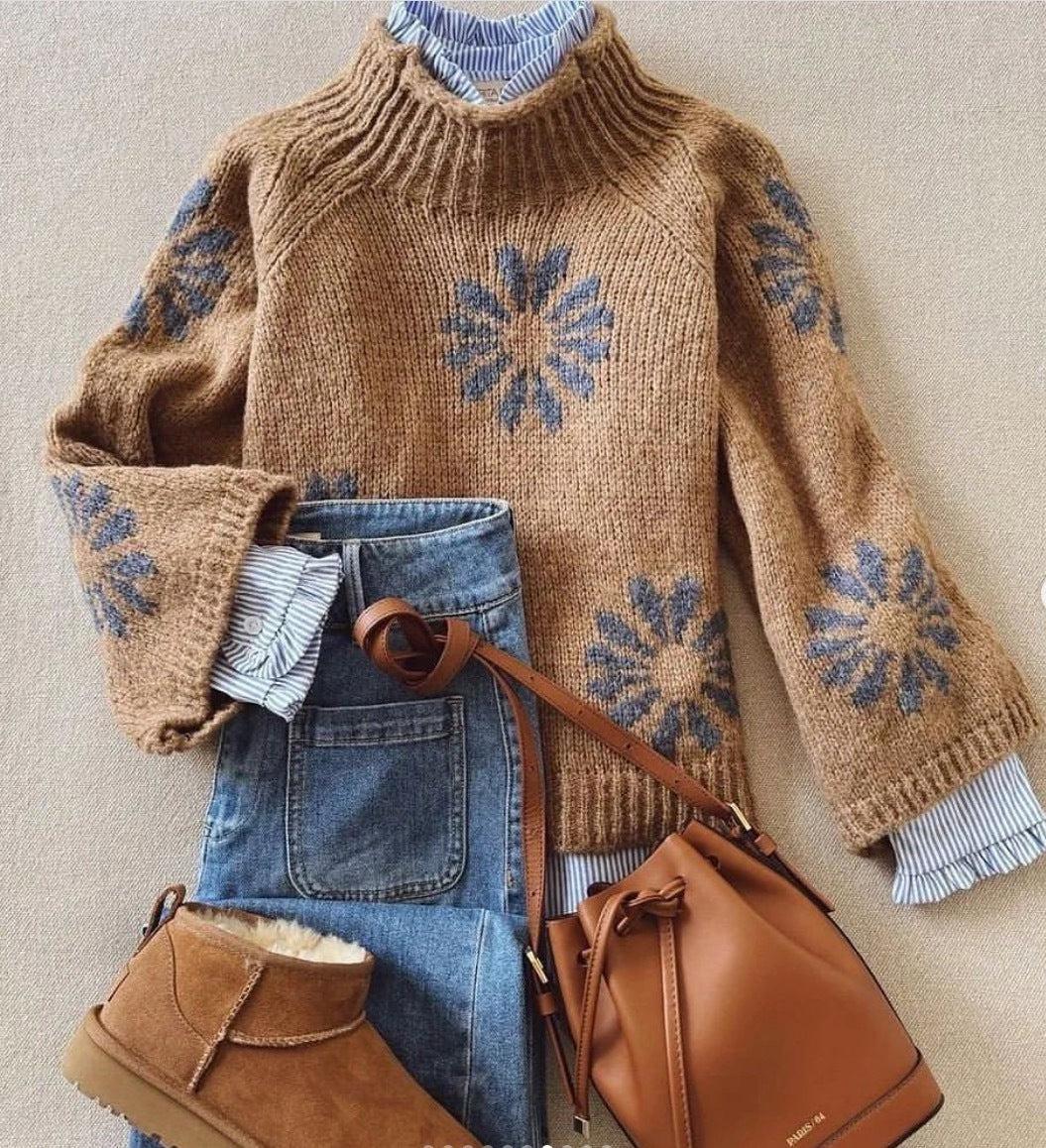 Retro Brown Mock Neck Long Sleeve Sweater
