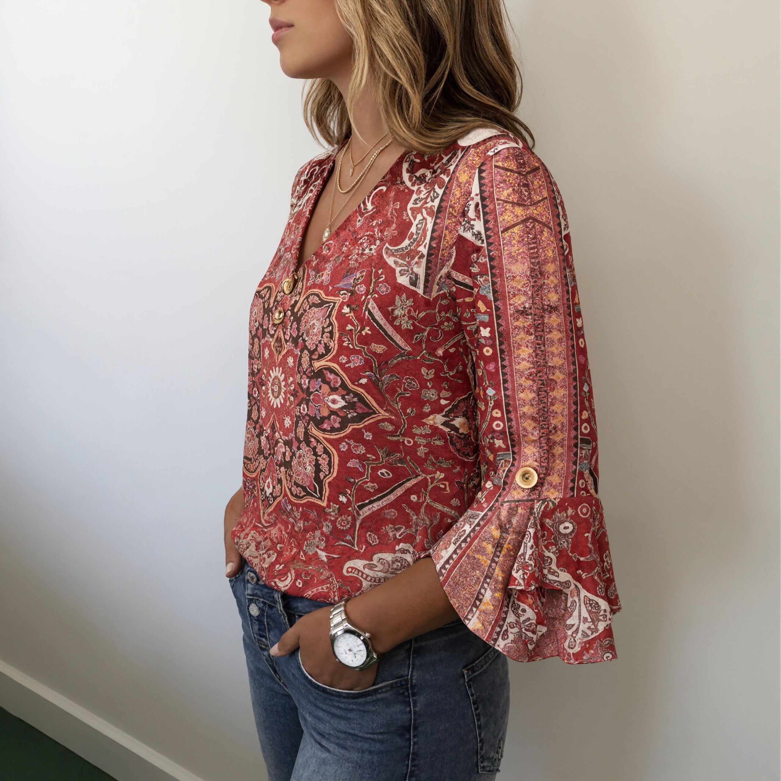 Red Paisley Bohemian Blouse Top