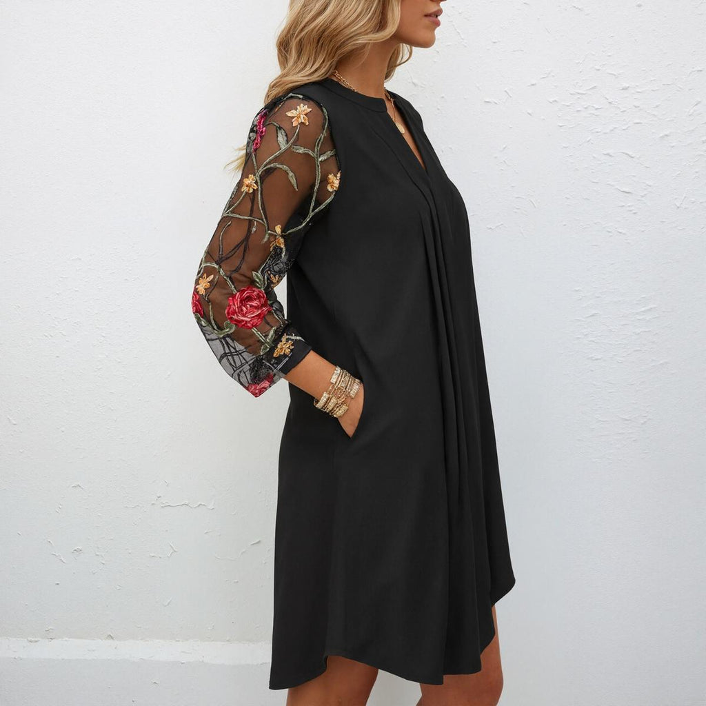 Elegant V-Neck Sheer Sleeve Mini Dress