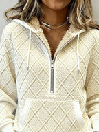 Beige Quilted Sherpa Half-Zip Hooded Sweater