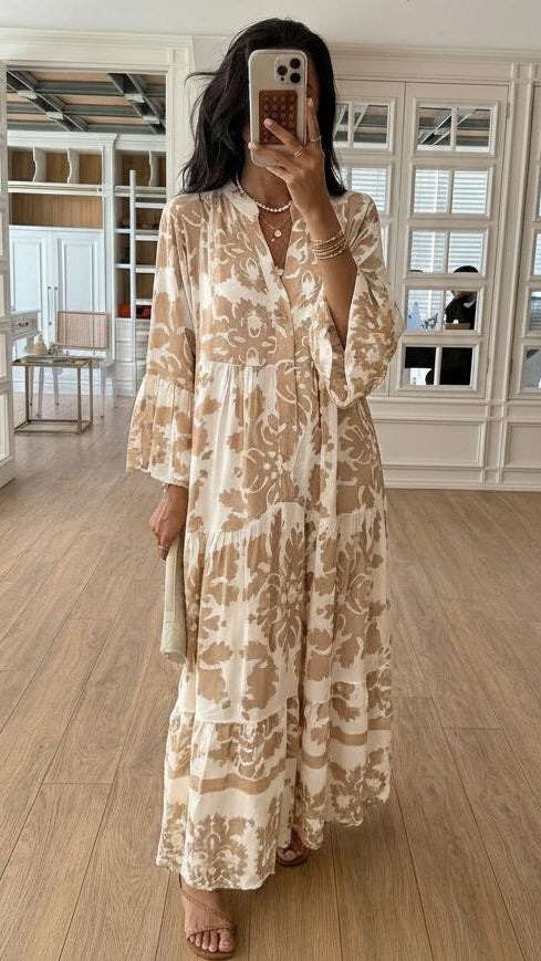 Attractive V-Neck 3/4 Sleeve Maxi Dress