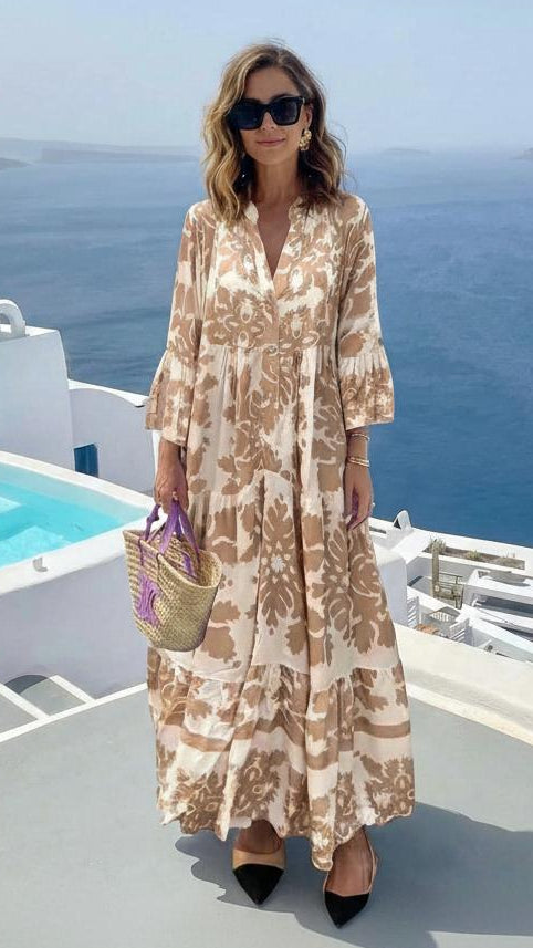 Attractive V-Neck 3/4 Sleeve Maxi Dress