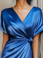 Unique V-Neck Plain Short Sleeve Midi Dress