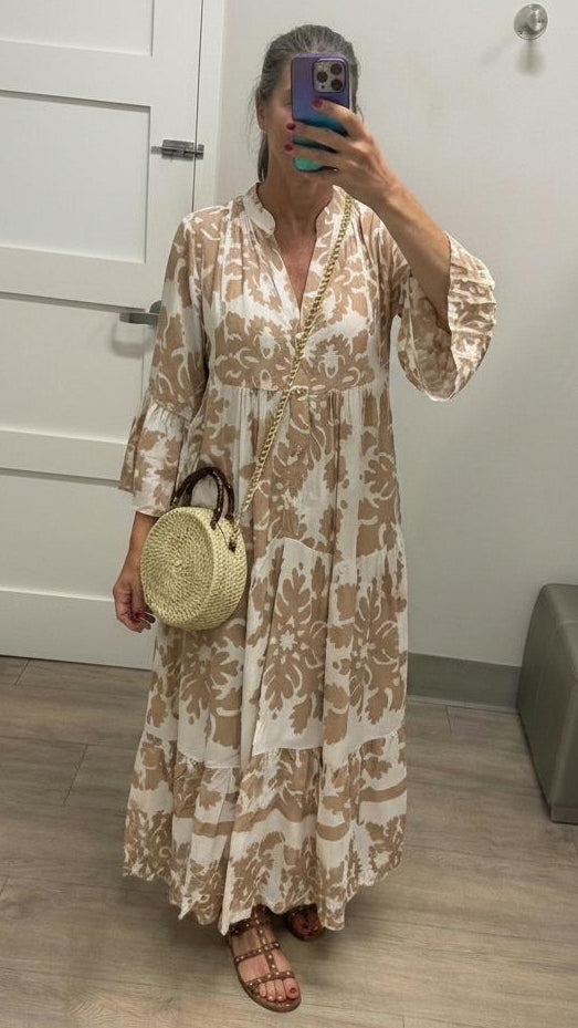 Attractive V-Neck 3/4 Sleeve Maxi Dress