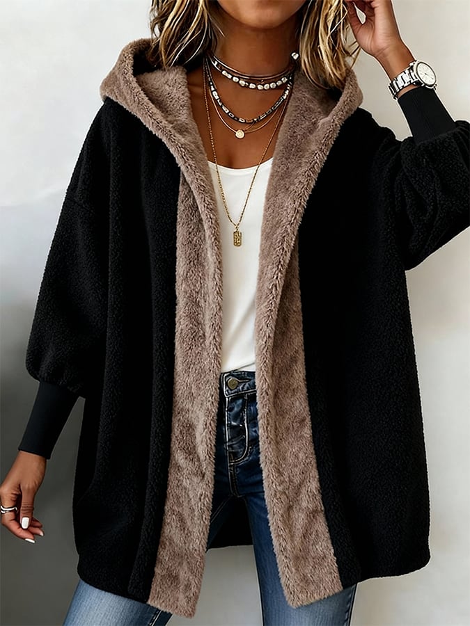 Baggy Faux Fur Lined Hooded Open Front Cardigan