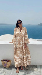 Attractive V-Neck 3/4 Sleeve Maxi Dress