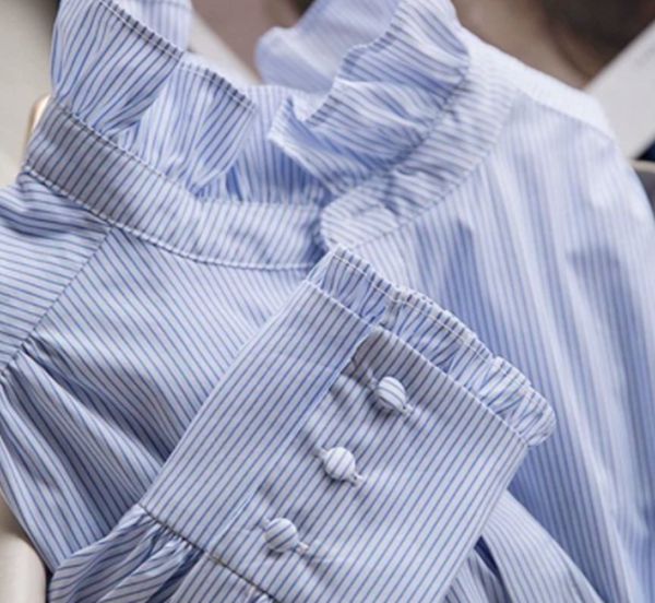 Women's Long-sleeved  Ruffled Stand Collar Blue Stripes Shirt
