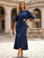 Navy Plain Satin Cape Sleeve Midi Dress