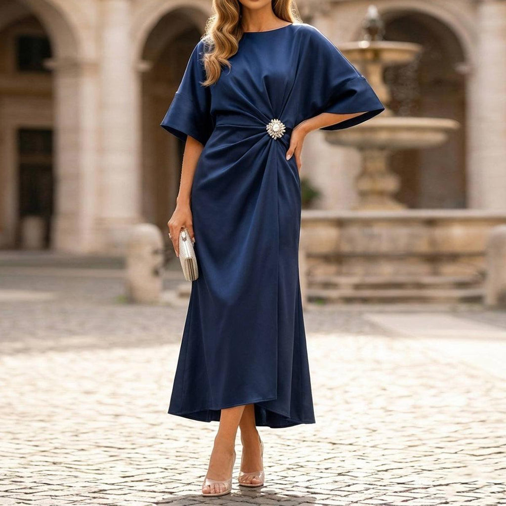 Navy Plain Satin Cape Sleeve Midi Dress