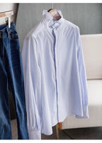 Women's Long-sleeved  Ruffled Stand Collar Blue Stripes Shirt