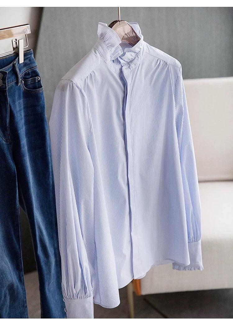 Women's Long-sleeved  Ruffled Stand Collar Blue Stripes Shirt