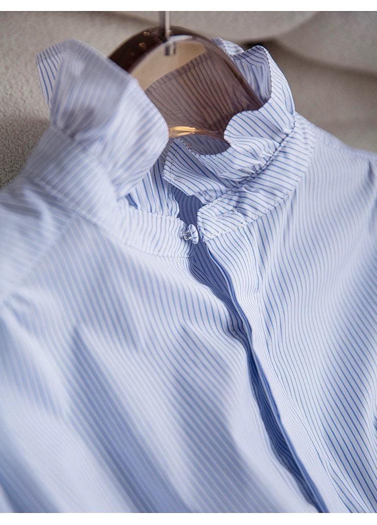Women's Long-sleeved  Ruffled Stand Collar Blue Stripes Shirt