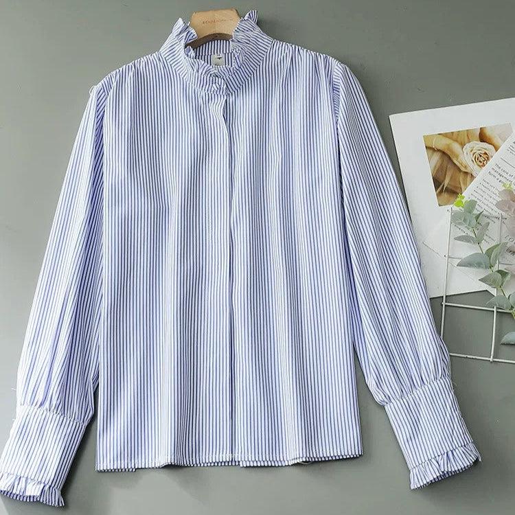 Women's Long-sleeved  Ruffled Stand Collar Blue Stripes Shirt