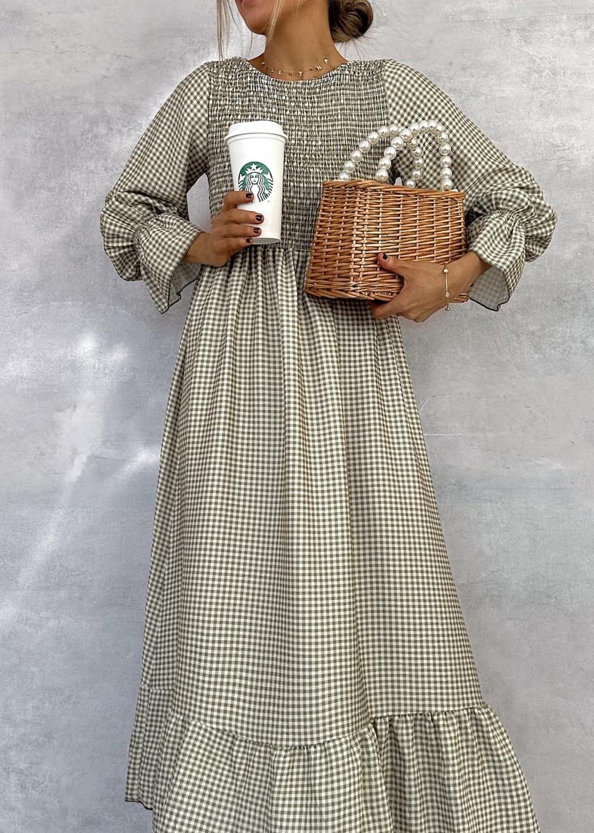 Green Check Round Neck Maxi Dress