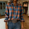 Blue Check Button Down Shirt with Ruffle Cuff Sleeves