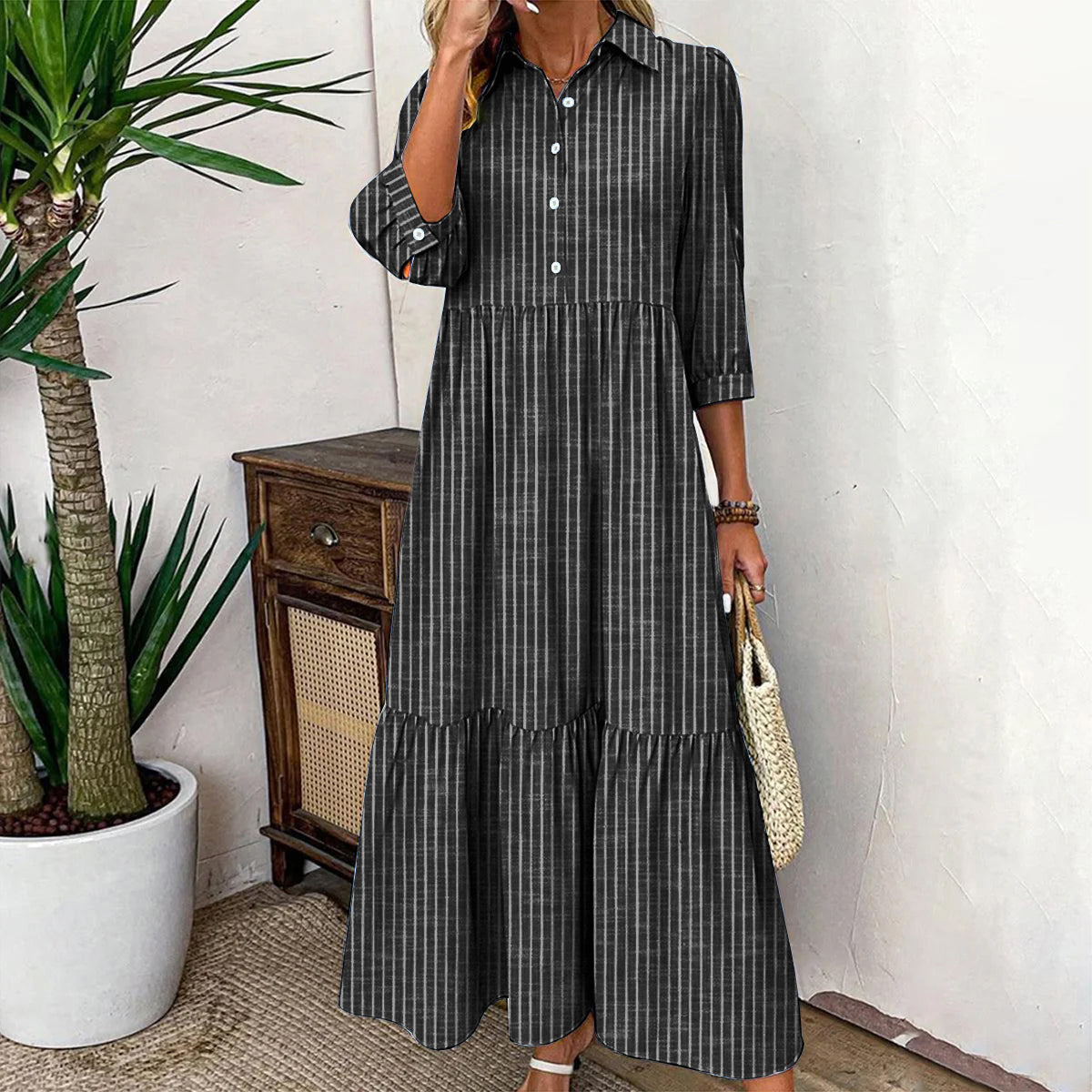 Breezy Striped Print 3/4 Sleeve Maxi Dress