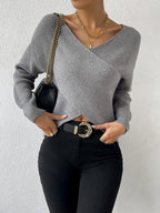 Gray Knit V-Neck Long Sleeve Wrap Sweater