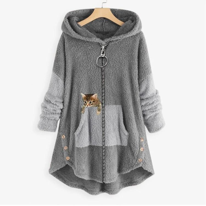 Soft Fleece Roomy Pockets Kitty Design Hoodie