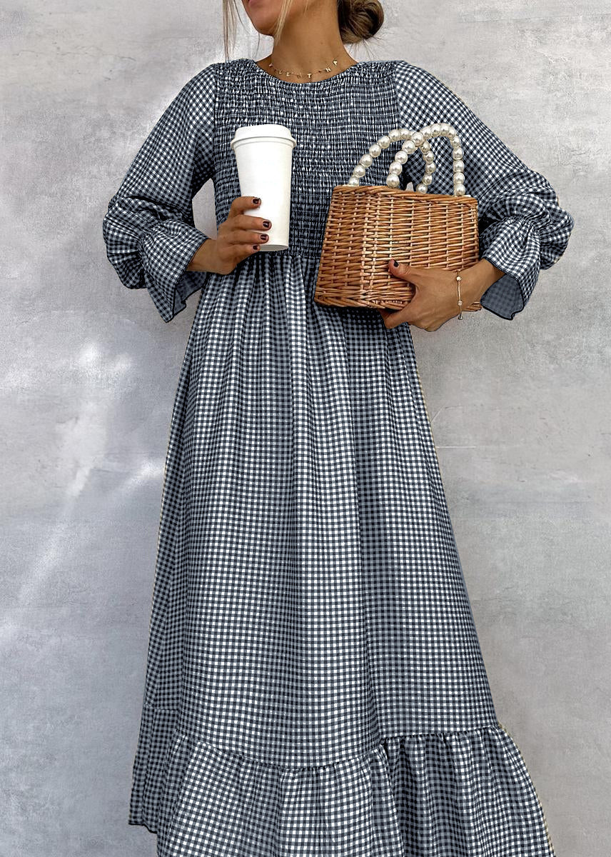 Green Check Round Neck Maxi Dress